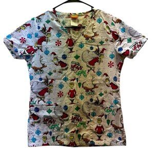 Dr Seuss Grinch Size XS V Neck Short Sleeve Scrub Top w/Pockets